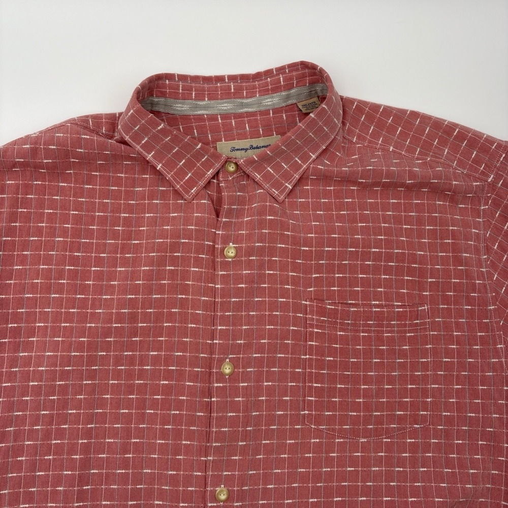 Tommy Bahama Shirt Men 3XL Red White Check Silk Cotton Blend Short Sleeve Pocket